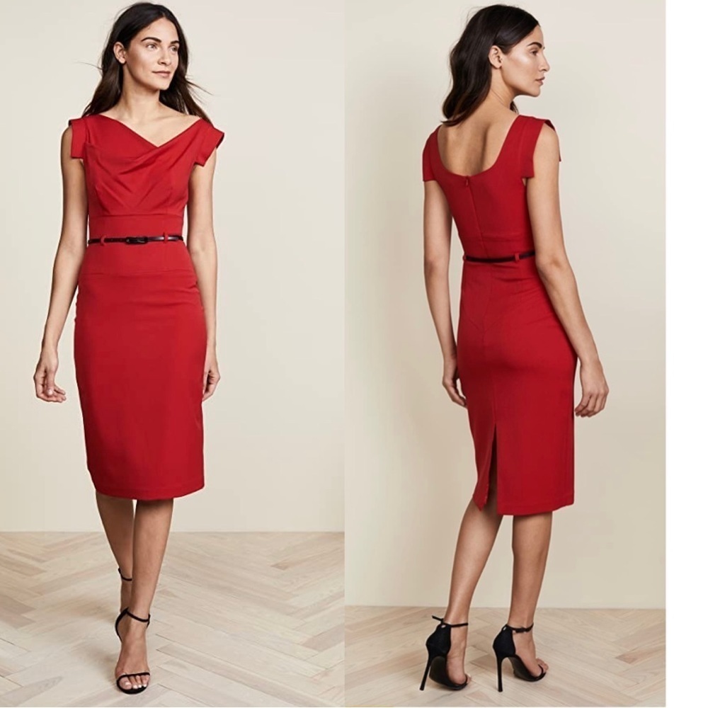 SHARAGANO Women's Red Jackie O Belted faux suede midi Dress Sz 8